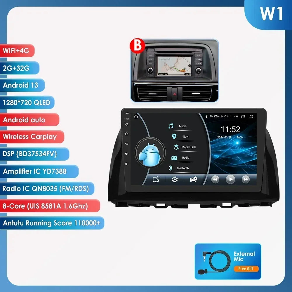 Mazda CX5 CX-5 CX 5 2012 - 2015 9" Android 14 Carplay Android auto wireless wifi bt gps 4g  AUTMAPJJ