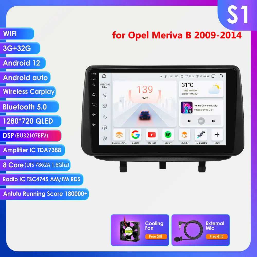 Opel Meriva B 2009-2014 9" Android 14 Carplay Android auto wireless wifi bt gps 4g  AUTMJY5X