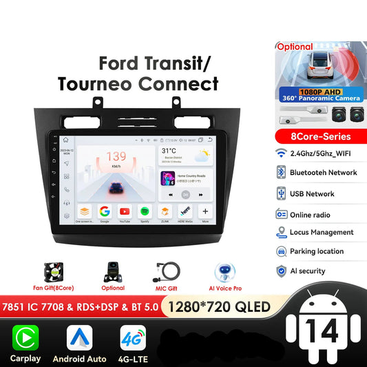 Ford Transit Tourneo Connect  2005 - 2014  9" Android 14 Carplay Android auto wireless wifi bt gps 4g  AUTMC11Z