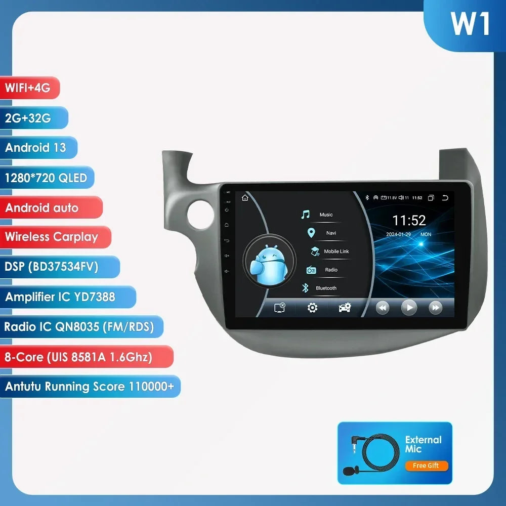 HONDA FIT JAZZ 2007-2013 9" Android 14 Carplay Android auto wireless wifi bt gps 4g  AUTMJZFHD