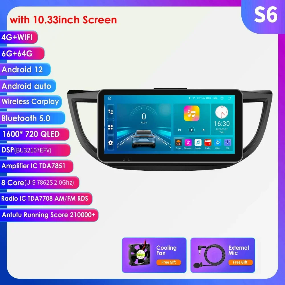 Honda CR-V 4th 2012-2016 9" Android 14 Carplay Android auto wireless wifi bt gps 4g AUTMVCRH4
