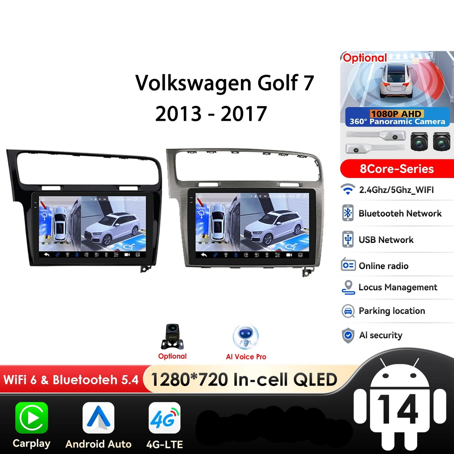 Volkswagen VW Golf 7 2013-2017 10,1"" Android 14 Carplay Android auto wireless wifi bt gps 4g  AUTMKDPF
