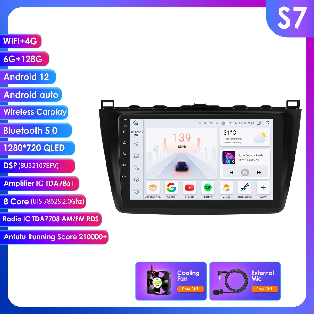 Mazda 6 2007 - 2012 9" Android 14 Carplay Android auto wireless wifi bt gps 4g AUTMJSBD
