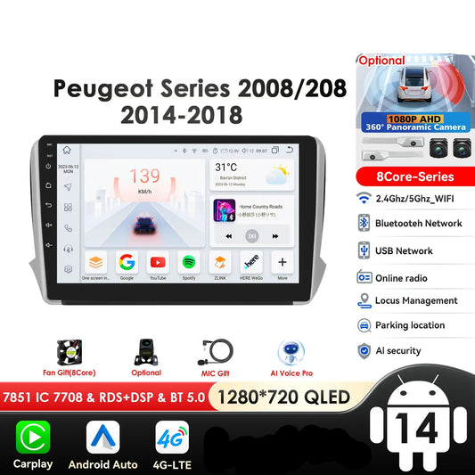 Peugeot 208 2008 Series 2012-2018 9" Android 14 Carplay Android auto wireless wifi bt gps 4g  AUTM0LAH
