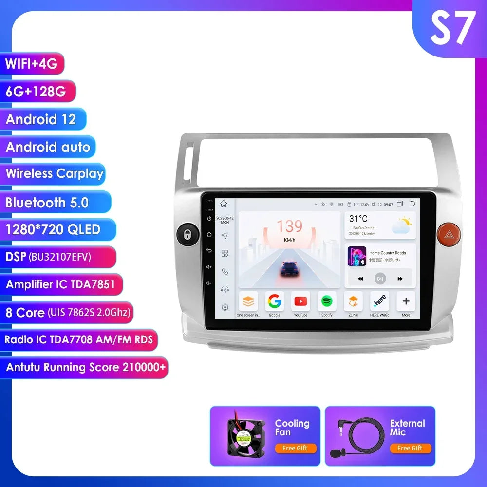 Citroen C4 C-Quatro 2004-2009  9" Android 14 Carplay Android auto wireless wifi bt gps 4g  AUTM4029