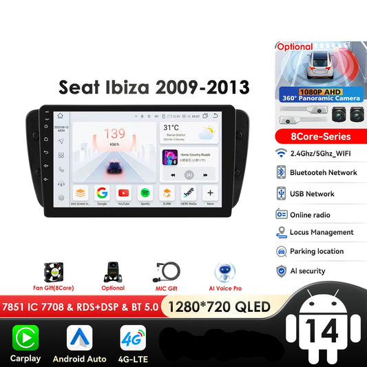 Seat Ibiza 6j 2009 - 2013 9" Android 14 Carplay Android auto wireless wifi bt gps 4g  AUTMZM57