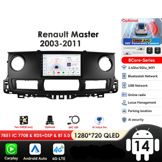 Renault Master 2003 - 2011 9" Android 14 Carplay Android auto wireless wifi bt gps 4g  AUTMAV61