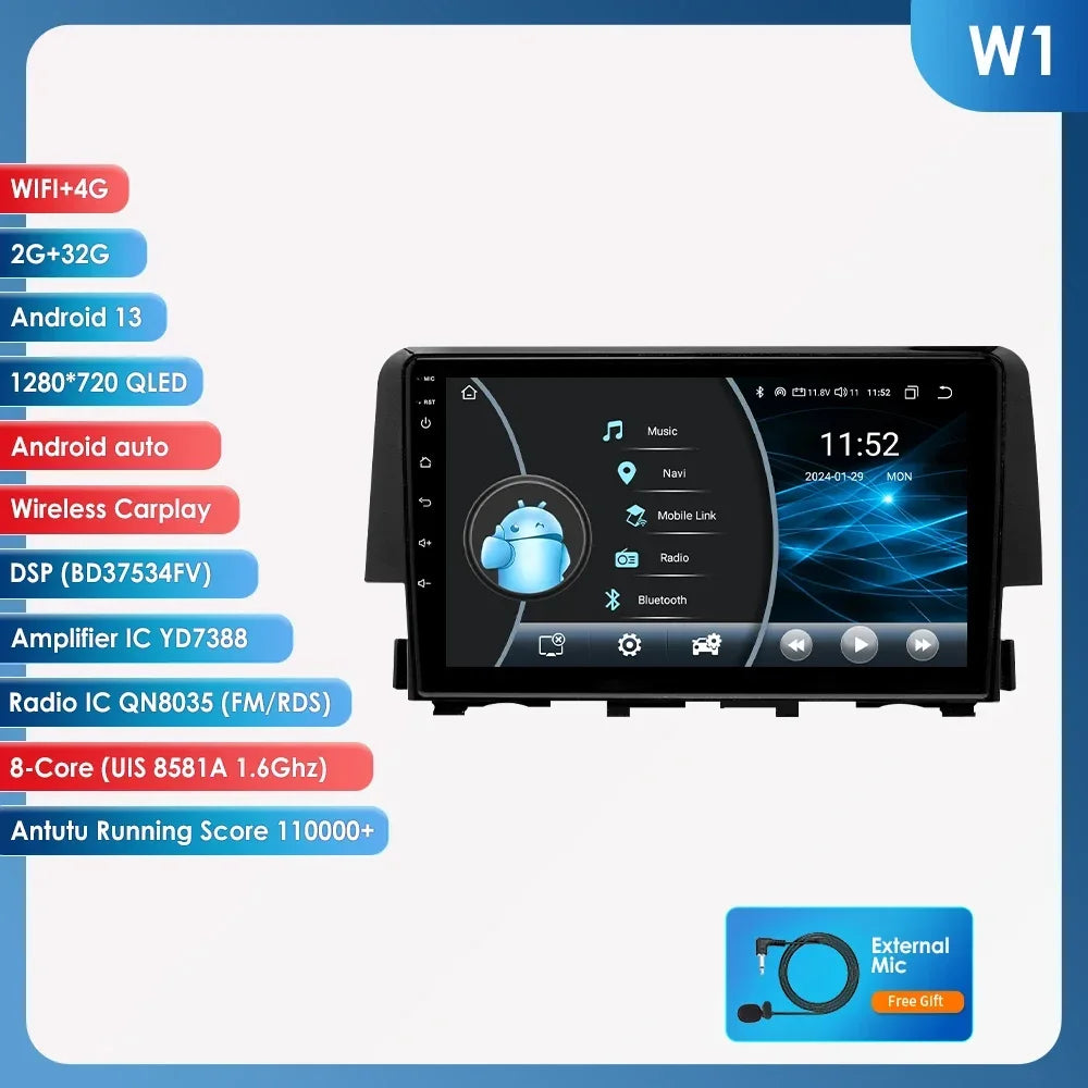 Honda Civic 10th 2016-2018 9'' Android 14 Carplay Android auto wireless wifi bt gps 4g RDS AUTMCDNH2
