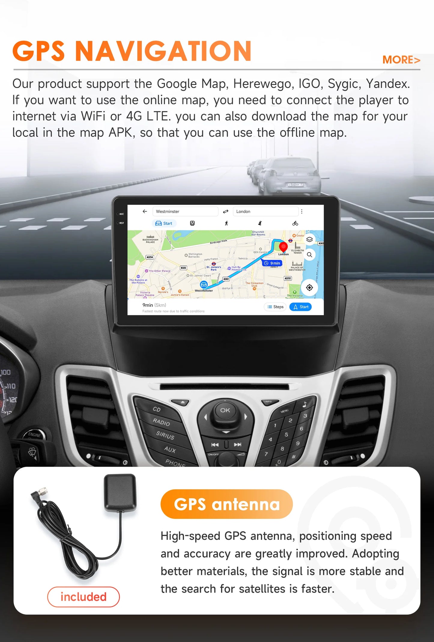 Ford Fiesta 2009-2017 9" Android 14 Carplay Android auto wireless wifi bt gps 4g  AUTMQZ61