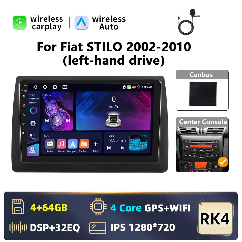 Fiat STILO 2002-2010  9" Android 14  Wireless CarPlay Android Auto GPS WiFi BT radio RDS AUTM7GJT