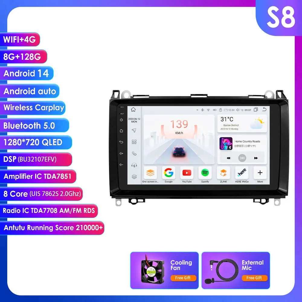 Mercedes Benz B200 Sprinter W906 W639 AB Class W169 W245 Viano Vito 9" Android 14 Carplay Android auto wireless wifi bt gps 4g  AUTM82WU