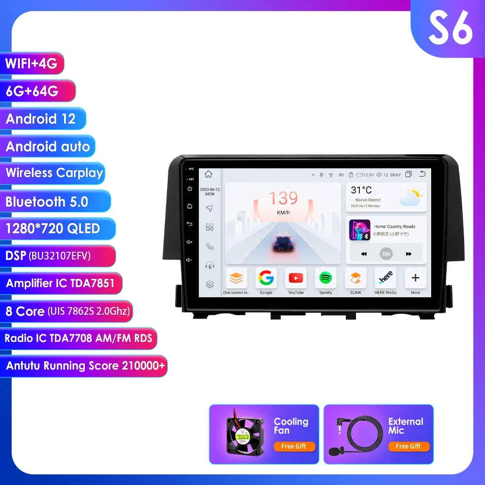 Honda Civic 10th 2016-2018 9'' Android 14 Carplay Android auto wireless wifi bt gps 4g RDS AUTMCDNH2