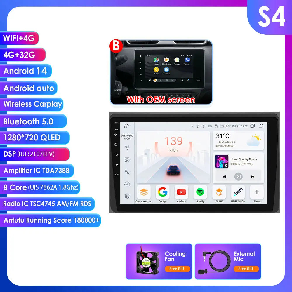 Renault Duster HM 2 Arkana 10,1" / 10,33" Android 14 Carplay Android auto wireless wifi bt gps 4g AUTMLWKH