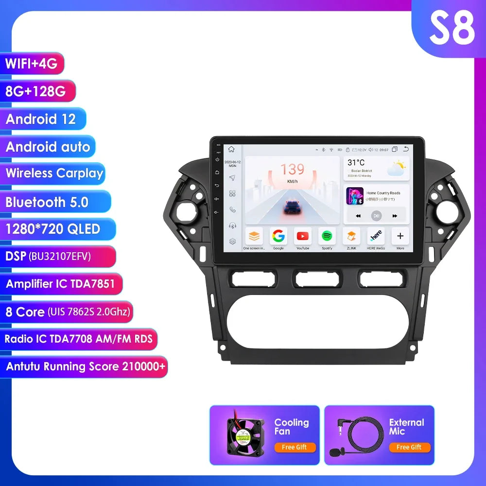Ford Mondeo 2010 - 2014 9" Android 14 Carplay Android auto wireless wifi bt gps 4g  AUTMNXWC