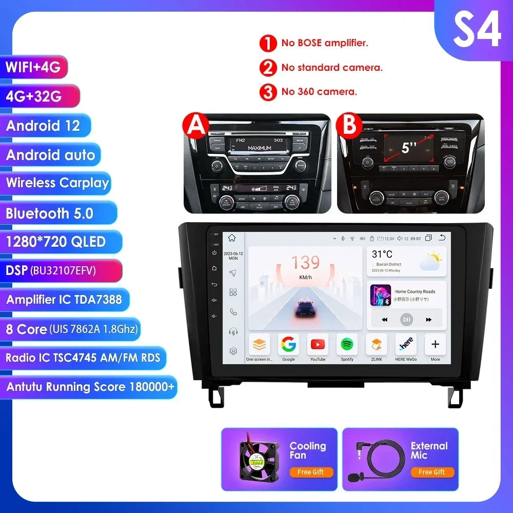 Nissan X-Trail Xtrail X Trail 3 T32 Qashqai 2 J11 2014-2018  10" Android 14 Carplay Android auto wireless wifi bt gps 4g AUTMSINJ11