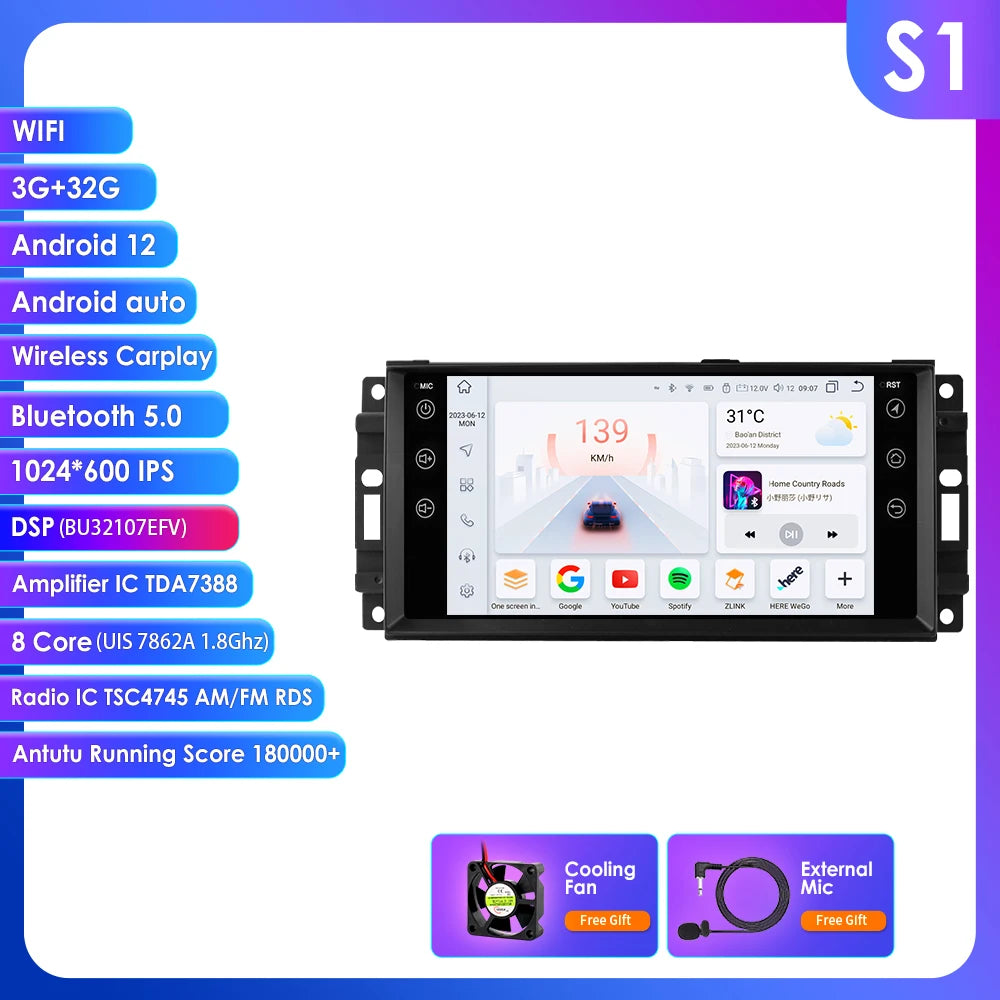 Jeep Wrangler Dodge Chrysler Journey Challenger Dakota Durang Avenger Ram 7" Android 14 Carplay Android auto wireless wifi bt gps 4g AUTMXLPF