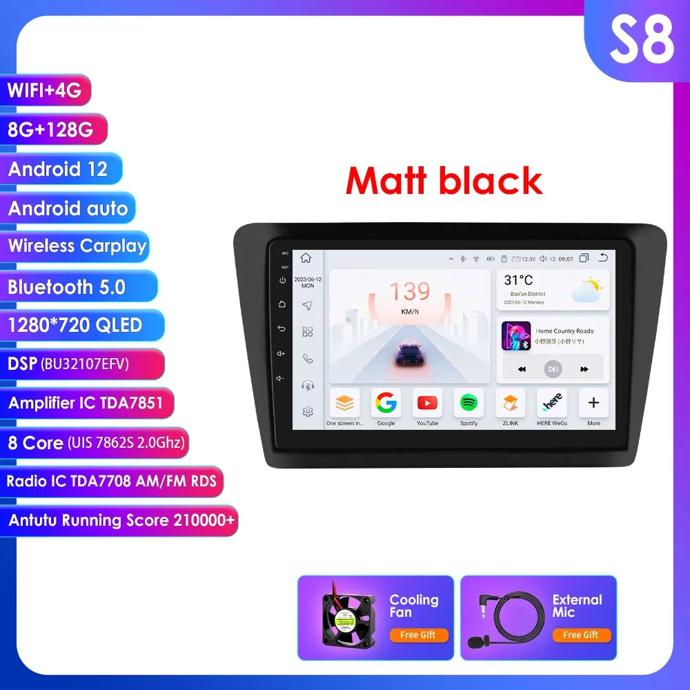 Skoda Rapid Seat Toledo 2013-2019 9" Android 14 Carplay Android auto wireless wifi bt gps 4g  AUTM0KRI