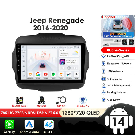 Jeep Renegade 2016-2020 9" Android 14 Carplay Android auto wireless wifi bt gps 4g AUTM7T02