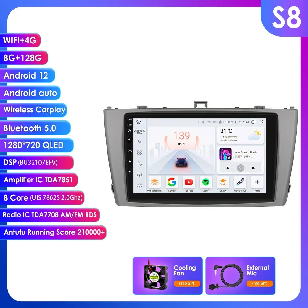 Toyota Avensis T27 2008 - 2015 9" Android 14 Carplay Android auto wireless wifi bt gps 4g  AUTMAVSTY