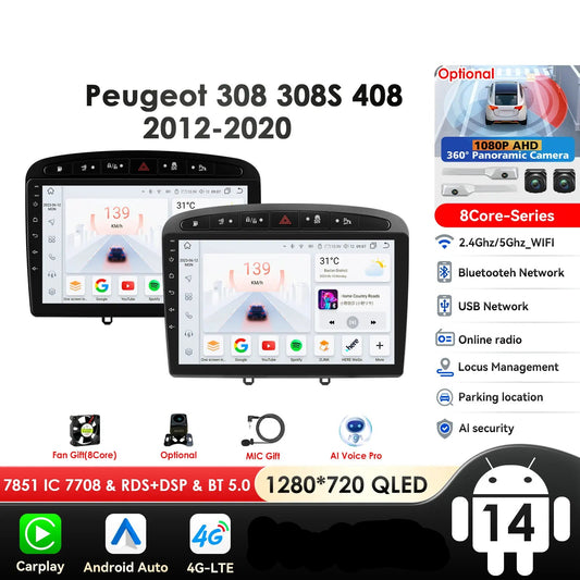 Peugeot 308 308SW Peugeot 9" Android 14 Carplay Android auto wireless wifi bt gps 4g  AUTMAJNZ