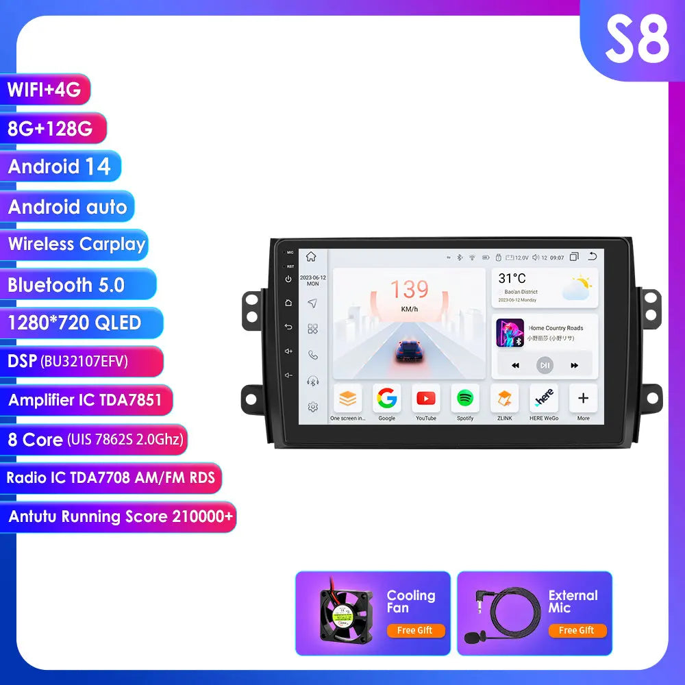 Suzuki SX4/Fiat 16 2005-2014 9" Android 14 Carplay Android auto wireless wifi bt gps 4g AUTMDSJD