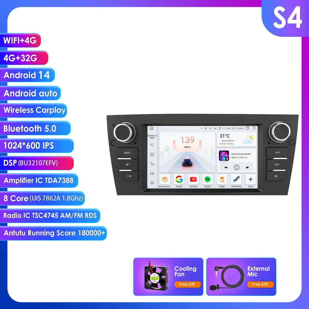 BMW E90/E91/E92/E93 3 Series 2006-2012 7" Android 14 Carplay Android auto wireless wifi bt gps 4g  AUTM70P3