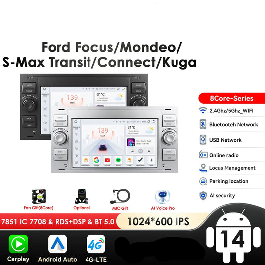 Ford Mondeo S-max Focus C-MAX Galaxy Fiesta Transit Fusion Connect Kuga 7" Android 14 AUTM58OQ Carplay Android auto wireless wifi bt gps 4g AUTM2PNO