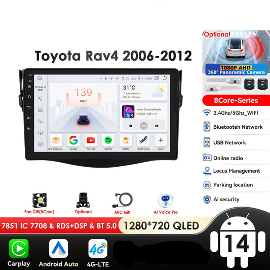 Toyota RAV4 RAV 4 2006 - 2012 9" Android 14 Carplay Android auto wireless wifi bt gps 4g AUTM6VGT