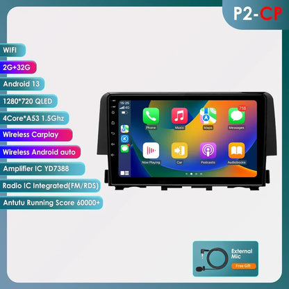 Honda Civic 10th 2016-2018 9'' Android 14 Carplay Android auto wireless wifi bt gps 4g RDS AUTMCDNH2