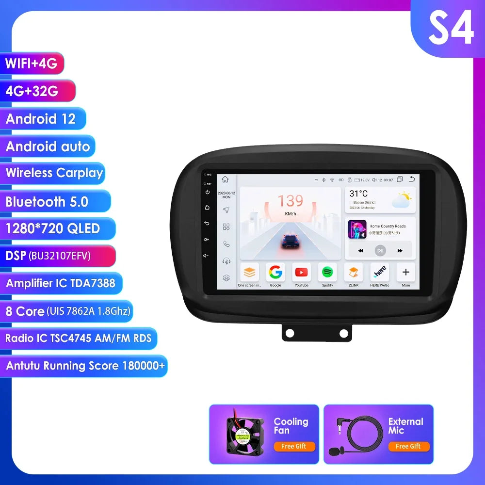 FIAT 500X 2014-2020 9" Android 14 Carplay Android auto wireless wifi bt gps 4g  AUTMXDQZ
