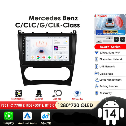 Mercedes Benz CLC W203 C-Class C180 C200 CLK200 CLK W209 9" / 10,33" Android 14 Carplay Android auto wireless wifi bt gps 4g  AUTMNWKX