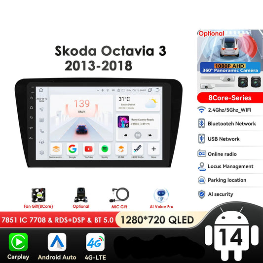 SKODA Octavia 3 A7 2013-2018 10,1"/ 10,33" Android 14 Carplay Android auto wireless wifi bt gps 4g  AUTMCD4D