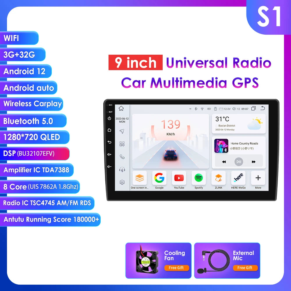 9-inch Universal Android Car Radio Headunit Intelligent System 4G WiFI BT Auto CarPlay GPS Navigation UI7862