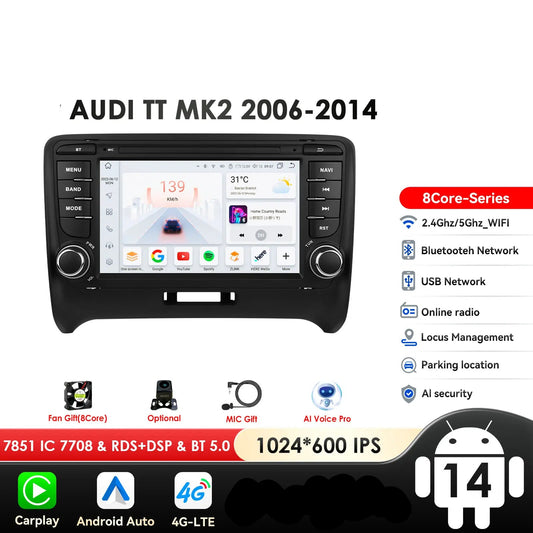 AUDI TT MK2 8J 2006 -2014 7" Android 14 Carplay Android auto wireless wifi bt gps 4g  AUTM9BCX