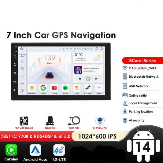 Universale 2 DIN 7" Android 14 Carplay Android auto wireless wifi bt gps 4g AUTMIYLG
