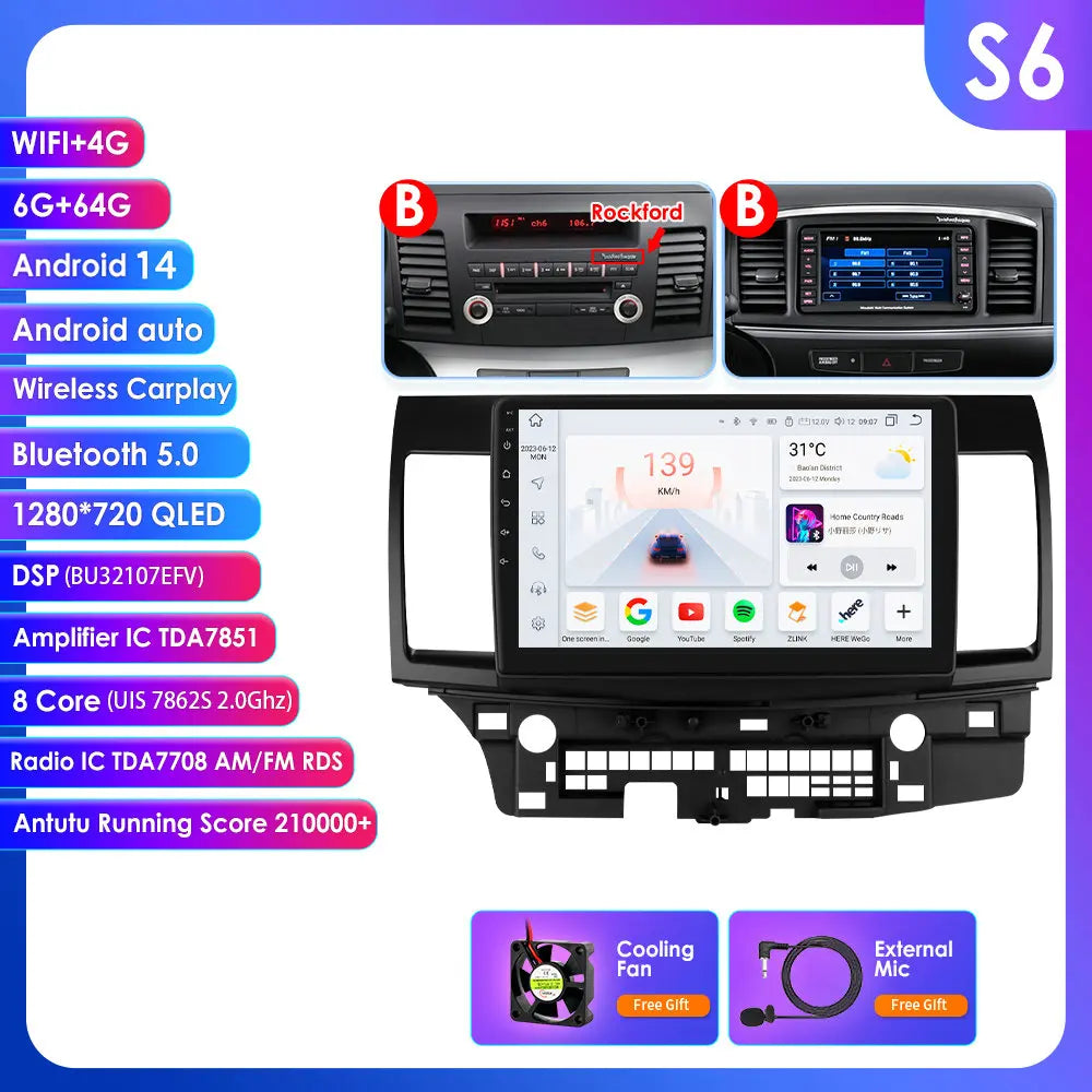 Mitsubishi Lancer 2007-2012 9" Android 14 Carplay Android auto wireless wifi bt gps 4g AUTMLCRMT