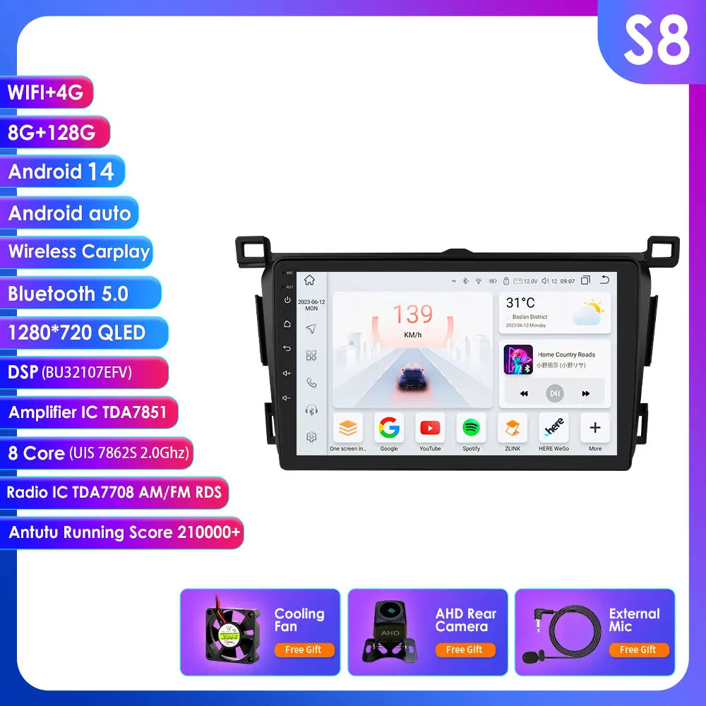 Toyota RAV4 Rav 4 2013-2018 9" Android 14 Carplay Android auto wireless wifi bt gps 4g  AUTM4VARTY