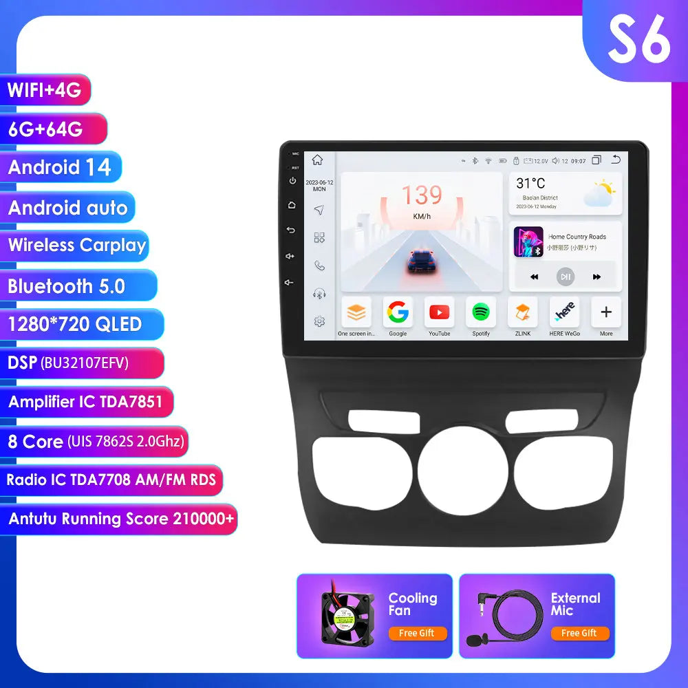 Citroen C4 C4L 2013-2017 9" Android 14 Carplay Android auto wireless wifi bt gps 4g AUTMFEMA