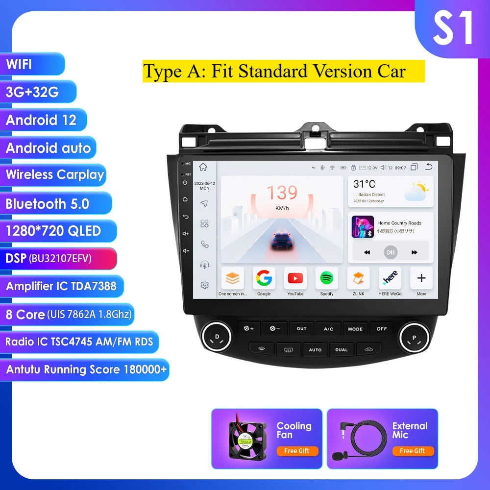Honda Accord 7 2003 - 2007 9" Android 14 Carplay Android auto wireless wifi bt gps 4g AUTMDROH