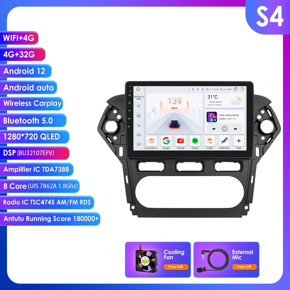 Ford Mondeo 2010 - 2014 9" Android 14 Carplay Android auto wireless wifi bt gps 4g  AUTMNXWC