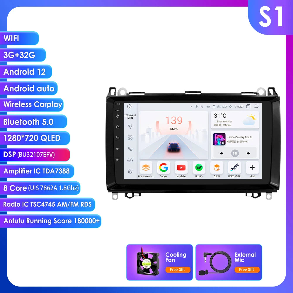 Mercedes Benz B200 Sprinter W906 W639 AB Class W169 W245 Viano Vito 9" Android 14 Carplay Android auto wireless wifi bt gps 4g  AUTM82WU