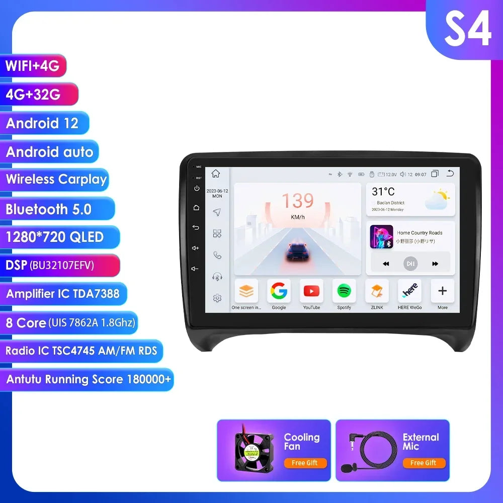 AUDI TT MK2 8J 2006 -2014 9" Android 14 Carplay Android auto wireless wifi bt gps 4g  AUTMMWU1