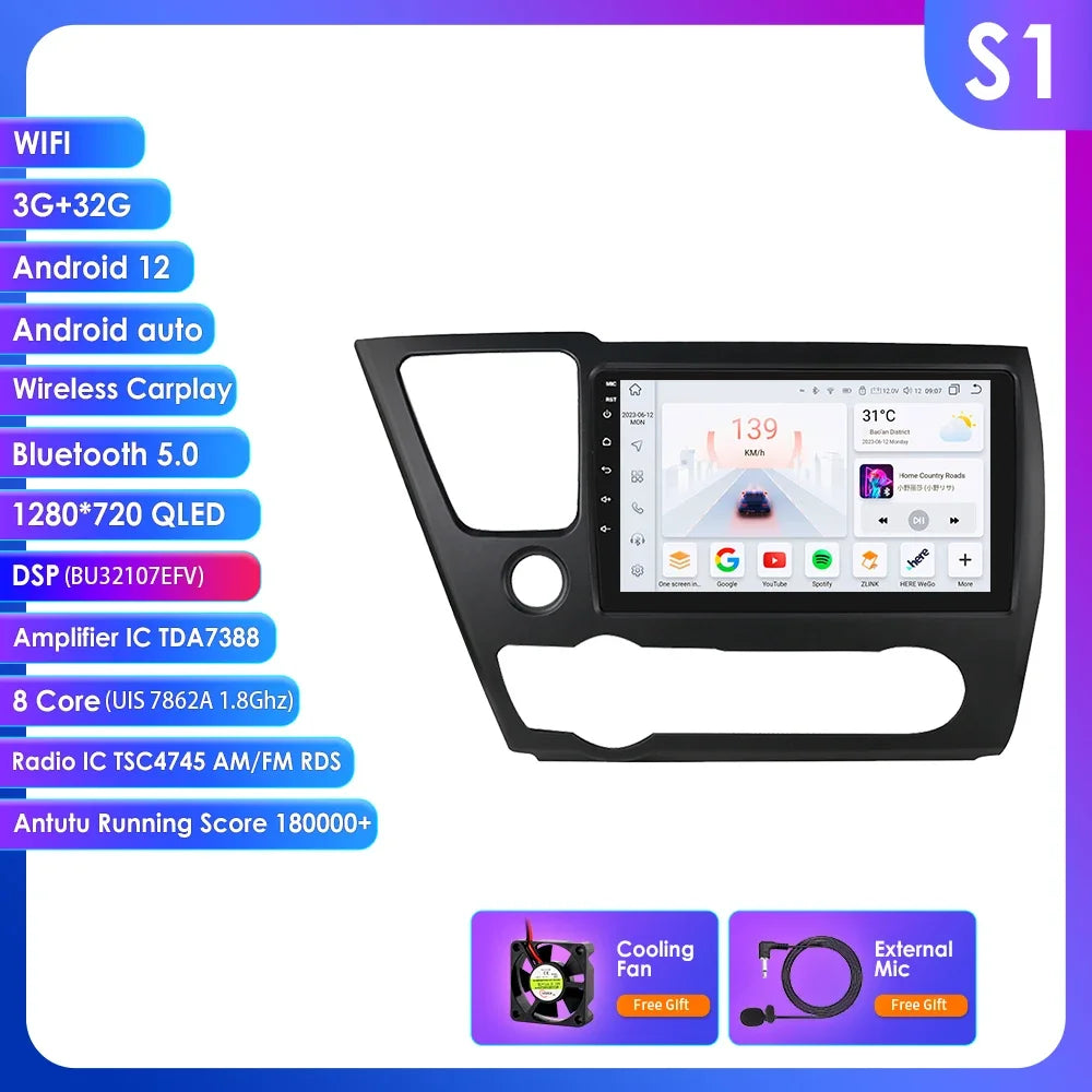 Honda Civic 2013-2016 9" Android 14 Carplay Android auto wireless wifi bt gps 4g AUTMCTVR7