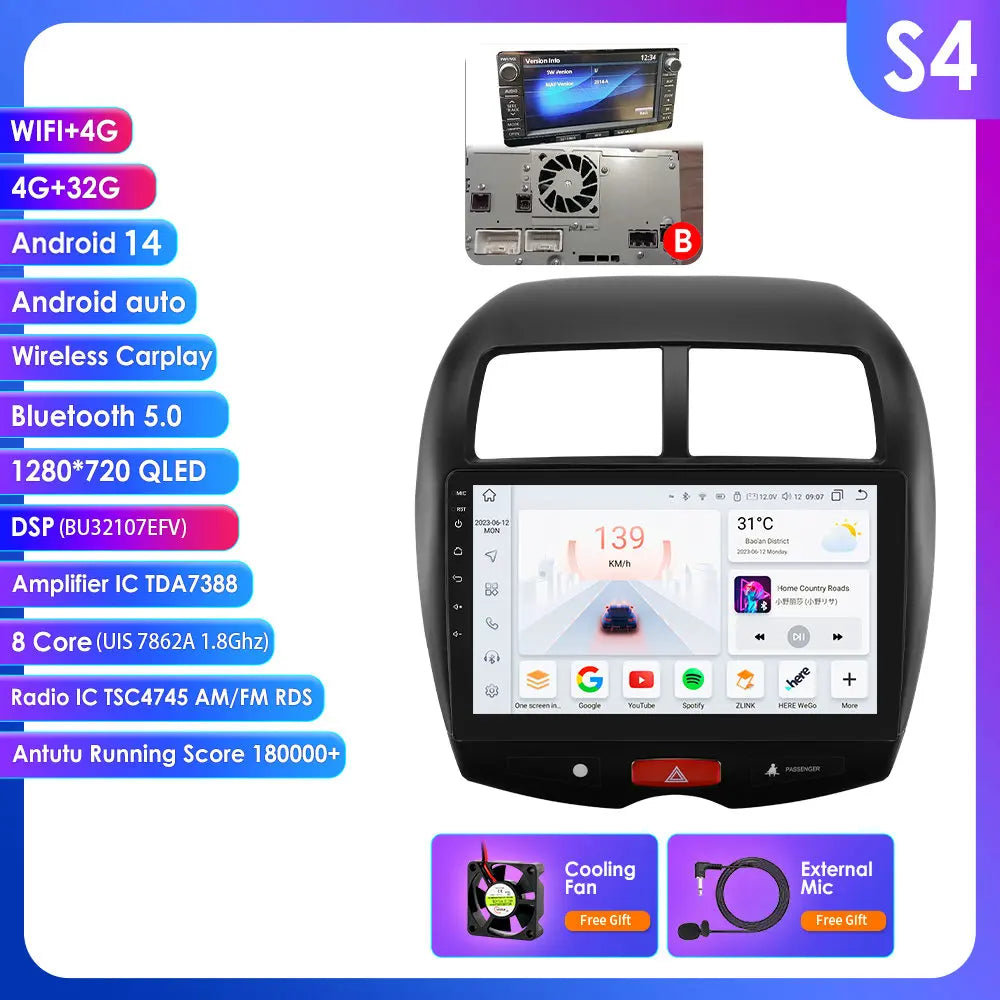 Mitsubishi ASX 1 2010 - 2018 9"Android 14 Carplay Android auto wireless wifi bt gps 4g RDS AUTMMTBSX