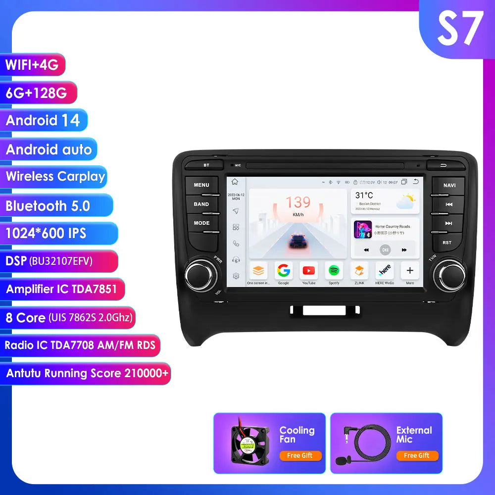 AUDI TT MK2 8J 2006 -2014 7" Android 14 Carplay Android auto wireless wifi bt gps 4g  AUTM9BCX