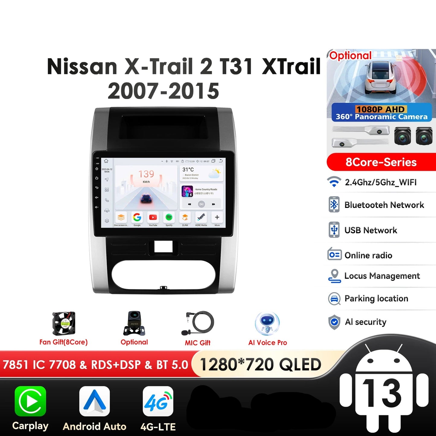 Nissan X-Trail X Trail 2 T31 2007 - 2015 9" Android 14 Carplay Android auto wireless wifi bt gps 4g AUTMXTRNS