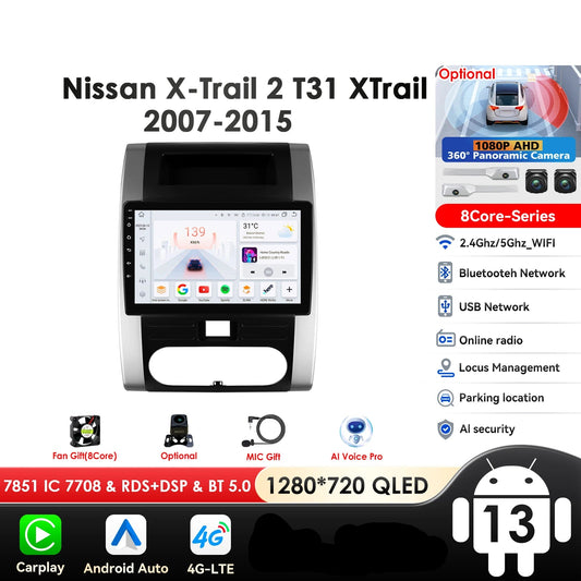 Nissan X-Trail X Trail 2 T31 2007 - 2015 9" Android 14 Carplay Android auto wireless wifi bt gps 4g AUTMXTRNS