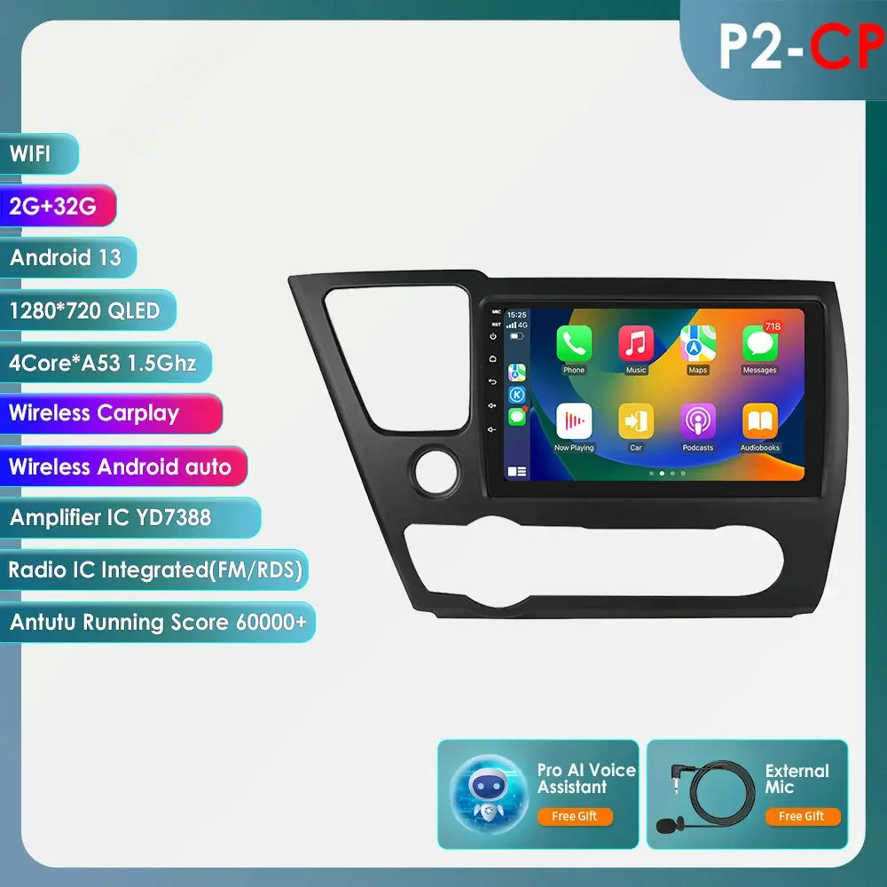 Honda Civic 2013-2016 9" Android 14 Carplay Android auto wireless wifi bt gps 4g AUTMCTVR7
