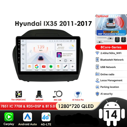Hyundai Tucson 2 LM IX35 2009-2015 9" / 10,33"  Android 14 Carplay Android auto wireless wifi bt gps 4g  AUTMKXK8
