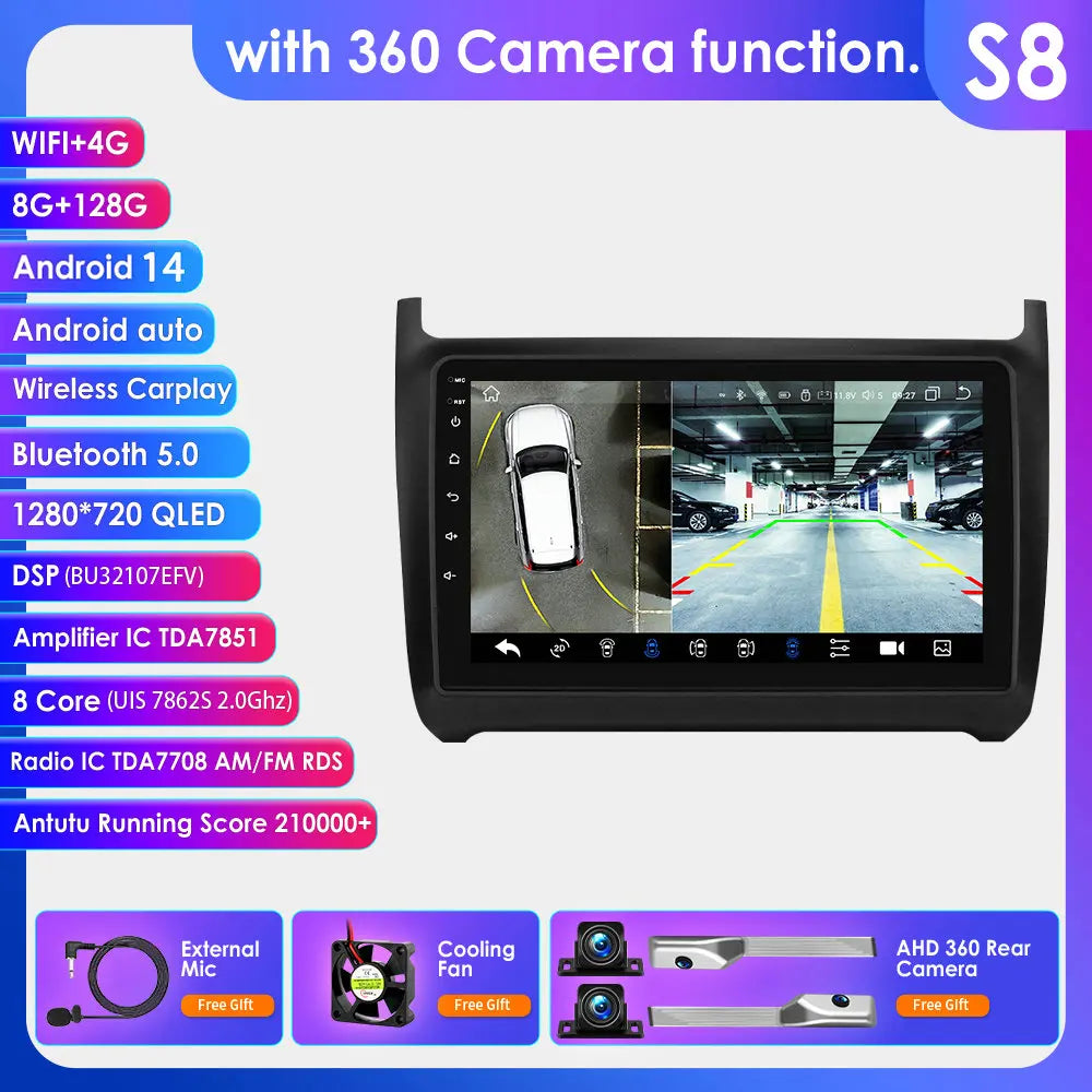 Volkswagen Polo 5 2009-2020 9" Android 14 Carplay Android auto wireless wifi bt gps 4g AUTMWHJD